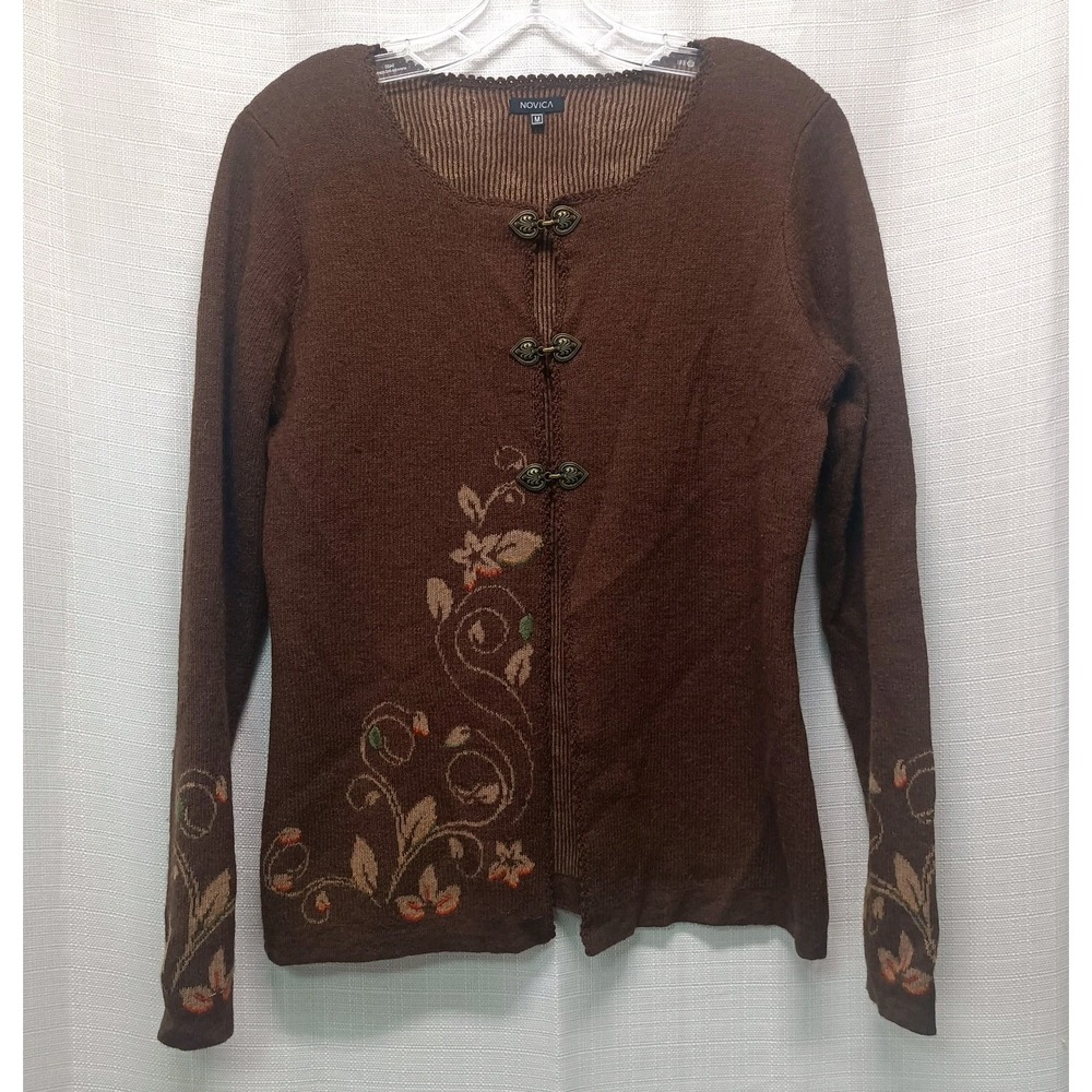 Novica Alpaca Cardigan Brown Embroidered Floral Women M Metal Hardware Boho‎